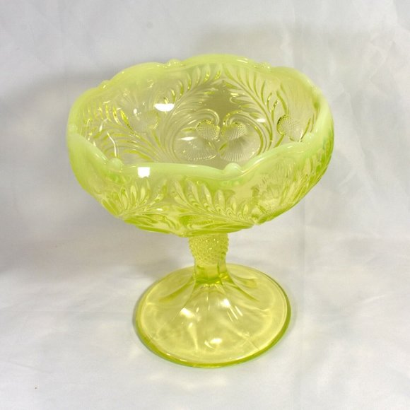 Mosser Vaseline Glass Large Thistle Compote Uranium Glows - Picture 3 of 8